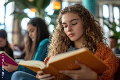 Students With Textbooks. Sharpened Female College Students Studying and Reading in Student Lounge