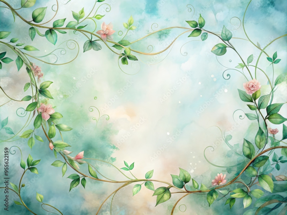 Delicate vine tendrils twist around a soft, dreamy watercolor backdrop, blending natural elegance with whimsical Delicate vine tendrils twist around a soft, dreamy watercolor backdrop, blending natural elegance with whimsical