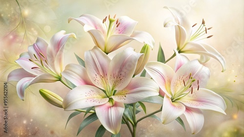 Delicate, soft-focused lily blooms in shades of white and pink, elegantly illustrated in watercolor style on a creamy