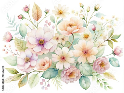 Delicate, soft-focused watercolor illustration of small, intricately detailed flowers in pastel shades, set against a