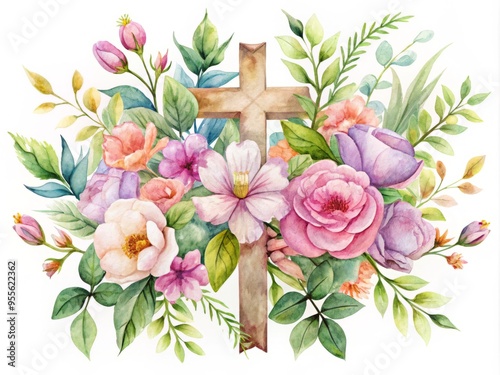Delicate watercolor design featuring a symbolic Christian cross surrounded by blooming flowers and vines, evoking
