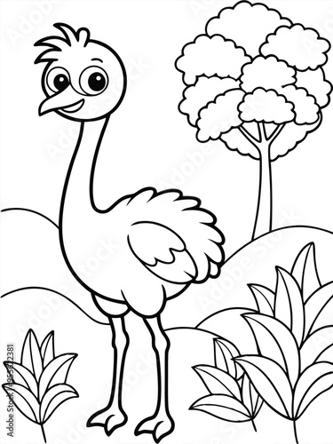 Cute Ostrich Cartoon Art Vector svg lineart coloring page photo