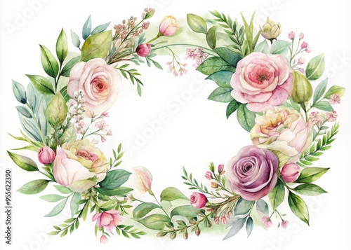 Delicate watercolor flowers and greenery intertwined to form a beautiful, whimsical wreath, adding a touch of softness