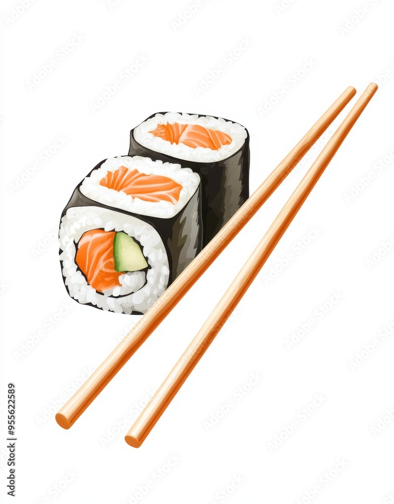 Sushi rolls with salmon and cucumber accompanied by chopsticks on a clean white background Sushi rolls with salmon and cucumber accompanied by chopsticks on a clean white background