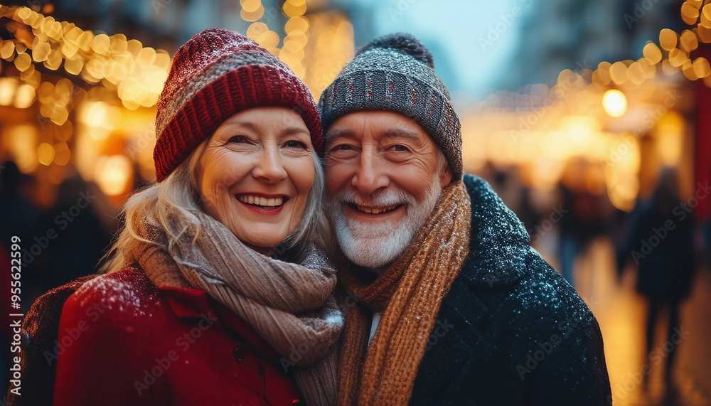A warm and joyful image of an older couple, bundled up in winter clothing, standing on a lively city A warm and joyful image of an older couple, bundled up in winter clothing, standing on a lively city