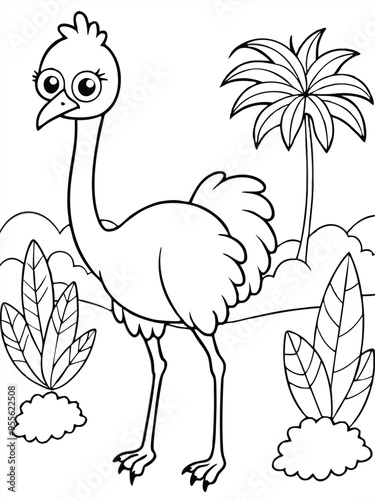 Cute Ostrich Cartoon Art Vector svg lineart coloring page photo