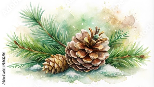 Delicate watercolor illustration of a single pine cone nestled among soft, feathery brushstrokes and gentle, muted