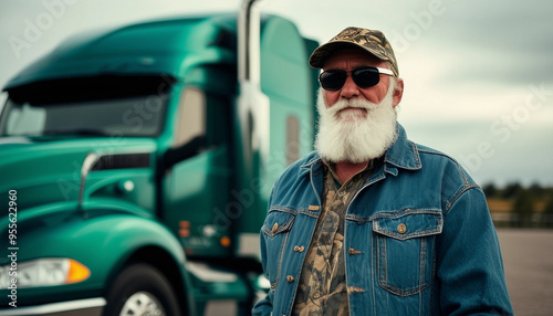 A gritty portrait of a seasoned trucker with a full white beard and sunglasses, standing in front