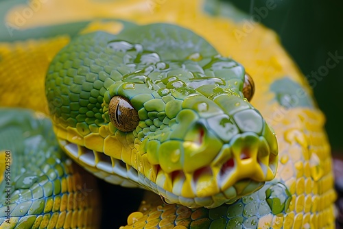 Vibrant Green and Yellow Snake Glistening with Rain Drops photo