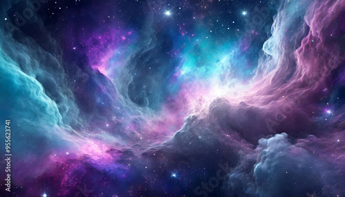 Hyperrealistic dense gas and dust cosmos space nebula with stars and clouds in colorful cosmic universe with fantasy cold blue, violet, pink, turquoise and dark grey colors background or wallpaper. 