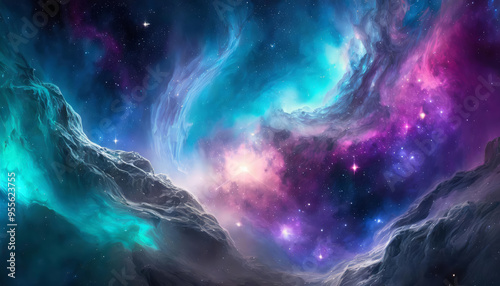 Hyperrealistic dense gas and dust cosmos space nebula with stars and clouds in colorful cosmic universe with fantasy cold blue, violet, pink, turquoise and dark grey colors background or wallpaper. 