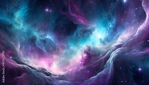 Hyperrealistic dense gas and dust cosmos space nebula with stars and clouds in colorful cosmic universe with fantasy cold blue, violet, pink, turquoise and dark grey colors background or wallpaper. 