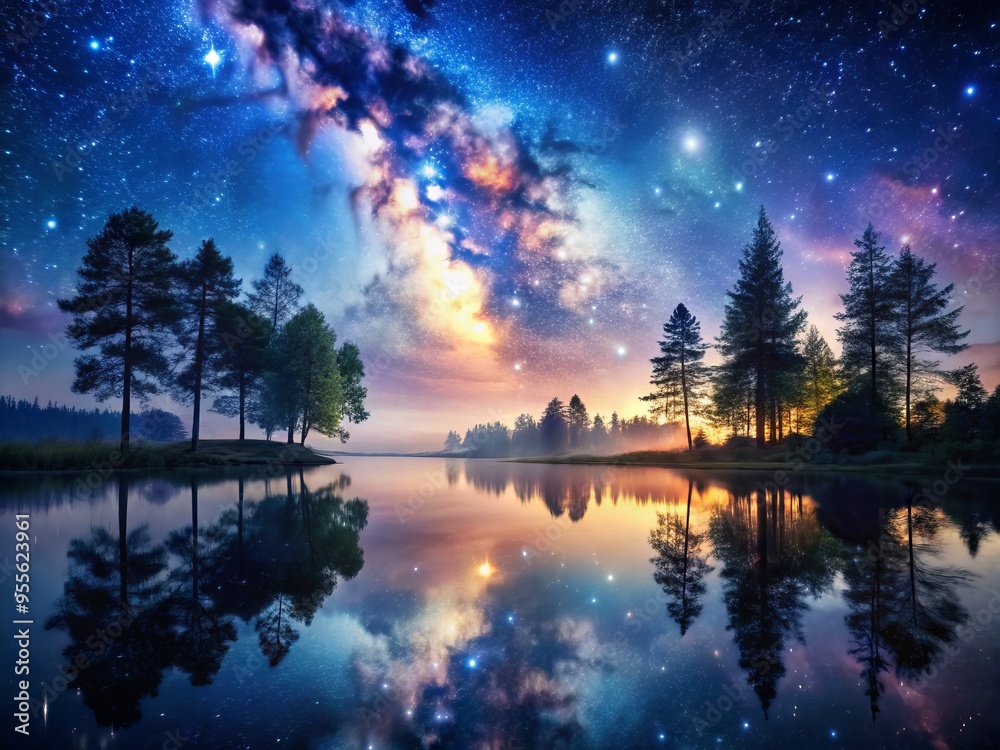 Dreamy nighttime scene with soft, blended watercolor hues depicting a serene lake reflection, surrounded by twinkling Dreamy nighttime scene with soft, blended watercolor hues depicting a serene lake reflection, surrounded by twinkling