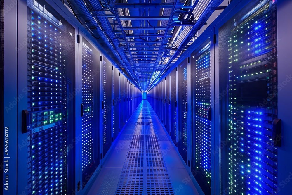 Obraz premium Server room containing servers storing data showing blue lights