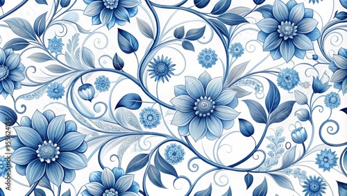 Elegant Blue Floral Pattern Featuring Intricate Swirls And Delicate Petals Against A Soft White Background.