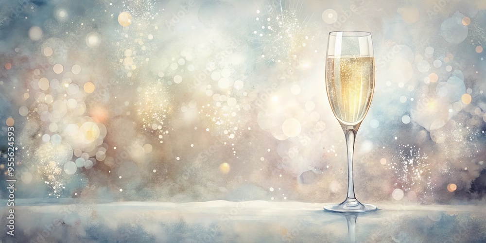 Elegant watercolor illustration of a delicate champagne flute, overflowing with effervescent bubbles, set against a