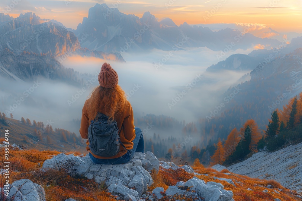 Fototapeta premium Sporty young woman hiking on mountain peak overlooking autumn valley at colorful sunset in dolomites