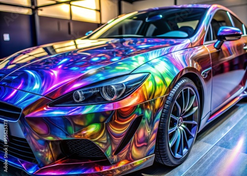 Glossy, Vibrant Vinyl Wrap With Intricate Designs Adorns The Sleek Contours Of A Modern Car, Creating A Captivating photo