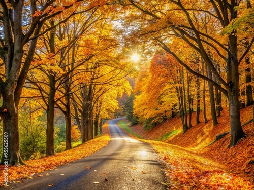 Golden leaves scattered on a winding road surrounded by vibrant autumn foliage, capturing the essence of a crisp