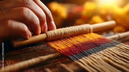 Closeup of Hands Weaving Colorful Yarn on a Wooden Loom photo