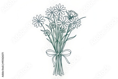 Line Drawing Of A Simple Bouquet Of Flowers Tied With String, Isolated On White Background photo