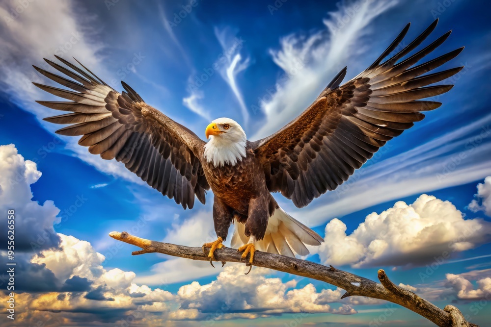 Obraz premium Majestic American bald eagle spreads broad wings, talons grasping branch, piercing gaze surveying surroundings against