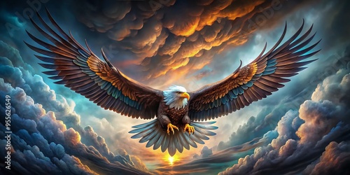 Majestic Eagle Tattoo With Intricate Watercolor Details Flying Against A Stormy Sky photo