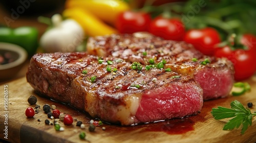 Meat and vegetables healthy food diet. Juicy steaks of fresh red meat. Barbecue set.