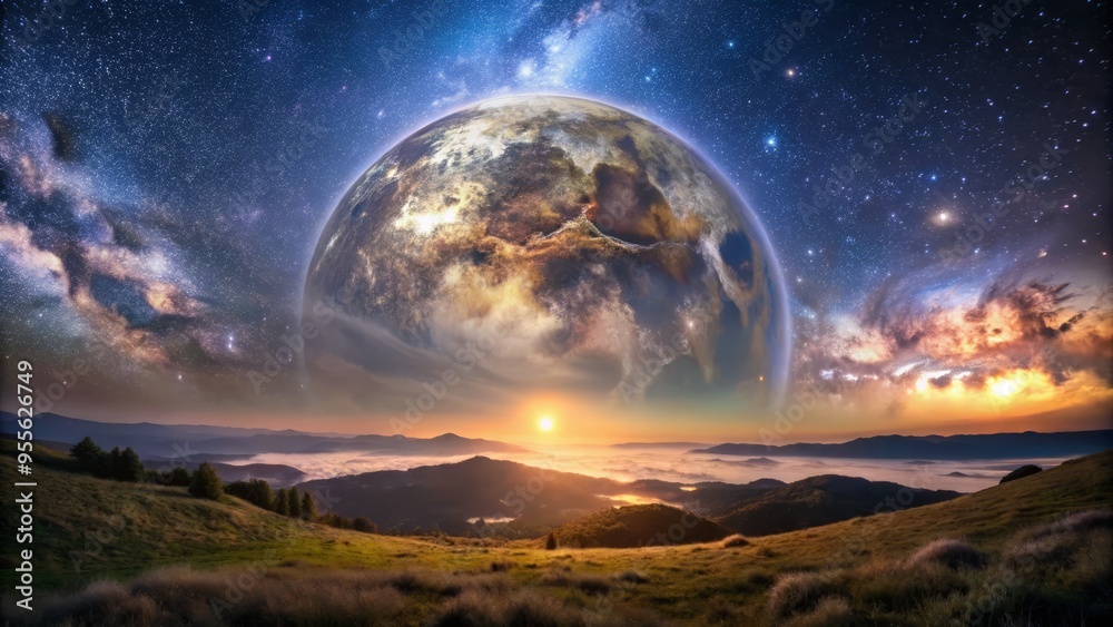 Mesmerizing Celestial Panorama Showcasing The Moon'S Ethereal Glow Against The Vast Expanse Of The Cosmos. Mesmerizing Celestial Panorama Showcasing The Moon'S Ethereal Glow Against The Vast Expanse Of The Cosmos.