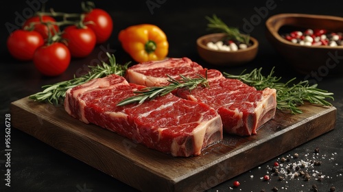 Meat and vegetables healthy food diet. Juicy steaks of fresh red meat. Barbecue set.