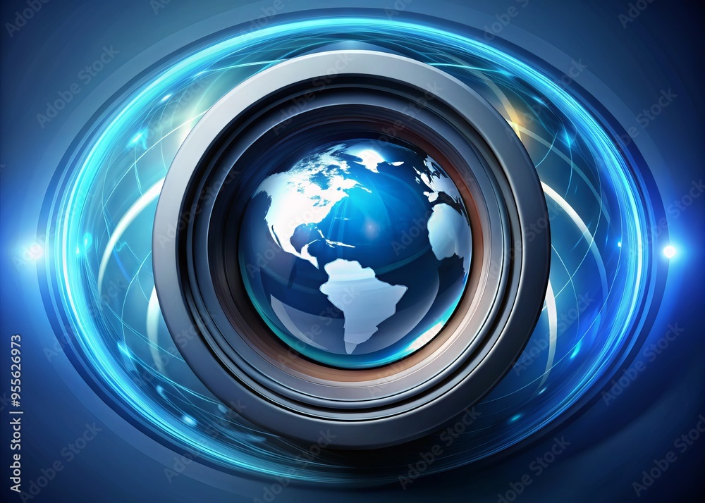 Modern abstract design concept featuring stylized blue and white globe with camera lens center, symbolizing global Modern abstract design concept featuring stylized blue and white globe with camera lens center, symbolizing global
