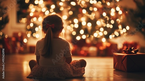 Christmas Background For Kids. Happy Caucasian Girl Enjoying Christmas Night with Decorated Christmas Tree