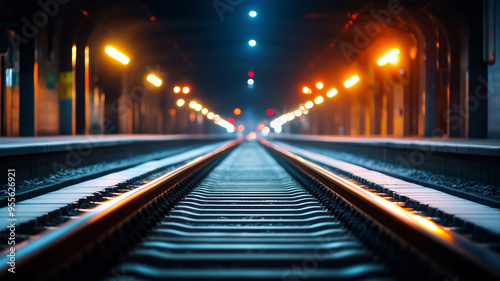 A symmetrical view of an underground train track, illuminated by bright lights that create a futuristic and vibrant atmosphere.