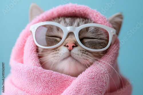 Closeup portrait of furry relax cat in fashion sunglasses and soft towel. Funny pet on bright pink background. Kitten in eyeglass. Fashion, style, cool animal concept with copy space.