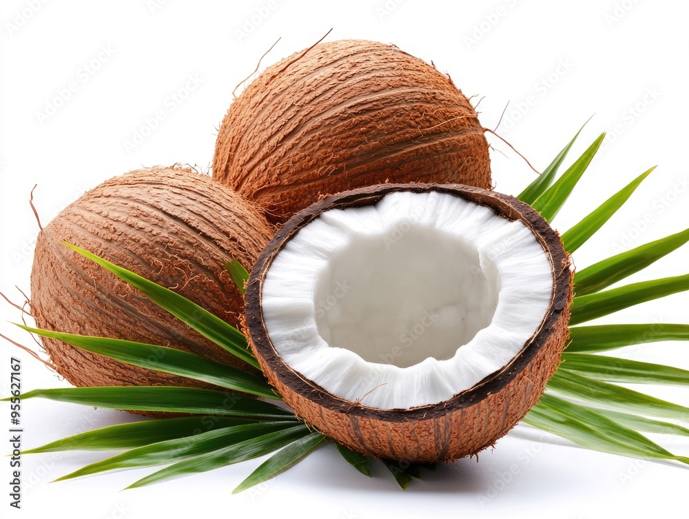 Coconut And Leaf. Fresh Tropical Coconut on White Background with Leaf Detail Coconut And Leaf. Fresh Tropical Coconut on White Background with Leaf Detail