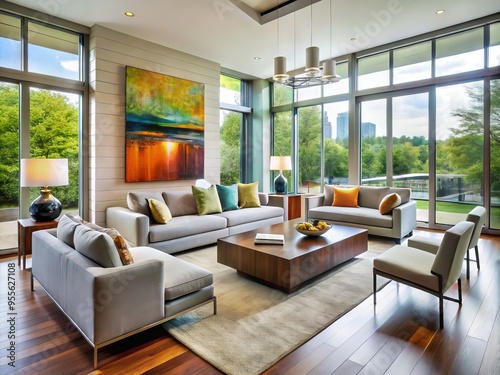 Modern living room with sleek furniture, natural light pouring through floor-to-ceiling windows, and vibrant artwork,