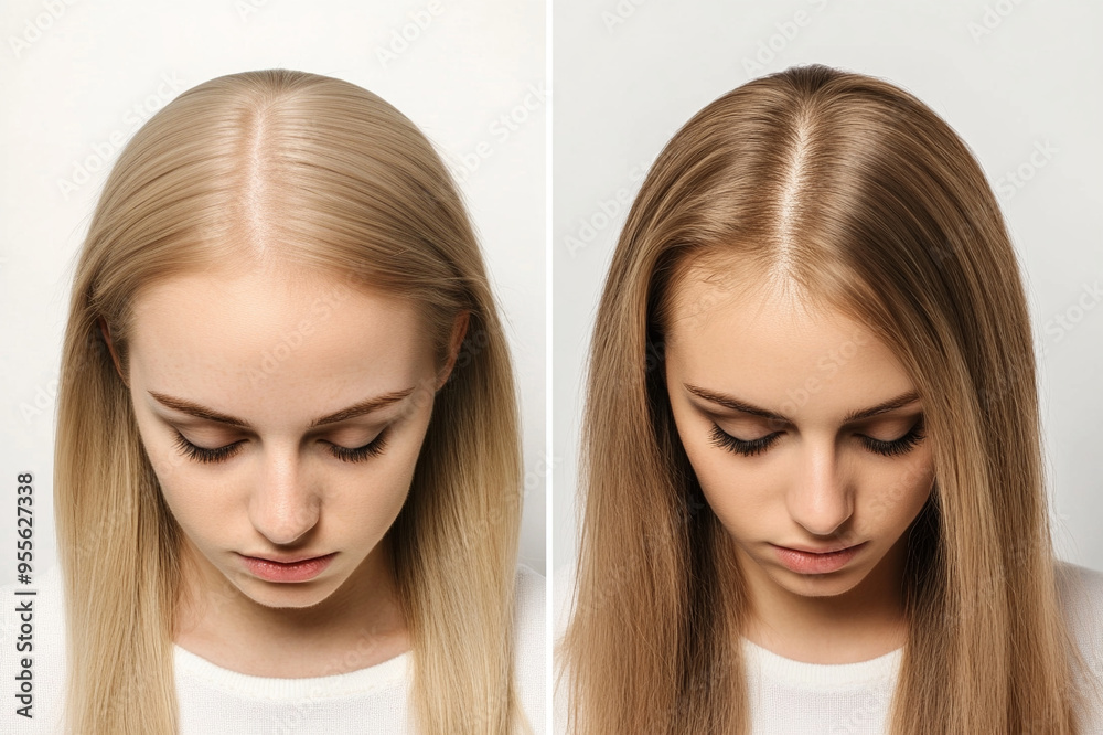 Non invasive hair treatment showcasing the enhancement of hair texture, from fine and flat to fuller, healthier hair. For promoting hairdresser service, beauty treatment and hair care product. Non invasive hair treatment showcasing the enhancement of hair texture, from fine and flat to fuller, healthier hair. For promoting hairdresser service, beauty treatment and hair care product.