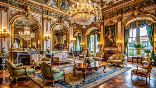 Ornate European-Style Furniture And Decorative Arts On Display In A Grand Hall With Intricate Chandeliers