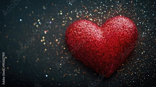 A sparkling red heart made of glitter on a dark, shimmering background, capturing the essence of festive romance.