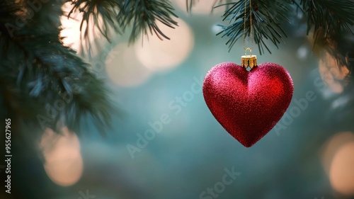 Sparkling red heart ornament delicately hanging from a green Christmas tree, adding a festive touch.