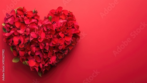Red heart-shaped flower arrangement against a solid red background, symbolizing love and passion.
