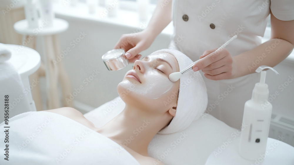 Young woman with moisturizing facial mask. Facial treatment, skincare routine and hygiene. Rosacea and couperose. Cosmetic and beauty concept. Acne therapy, inflammation on face and problem skin. Young woman with moisturizing facial mask. Facial treatment, skincare routine and hygiene. Rosacea and couperose. Cosmetic and beauty concept. Acne therapy, inflammation on face and problem skin.