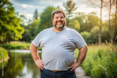 Relaxed, overweight man with a prominent belly, standing outdoors, smiling confidently, with a carefree expression,