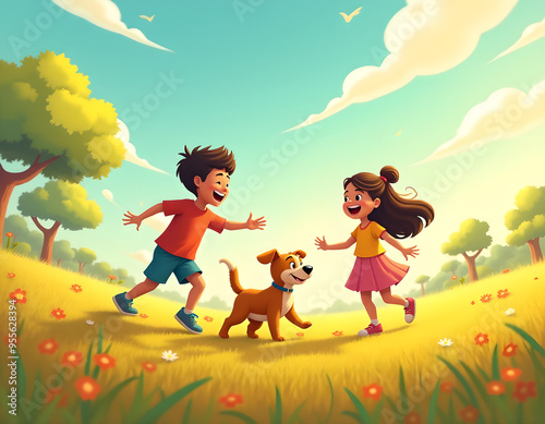 Happy Children Playing with Dog in a Sunny Field, Cartoon Style Illustration