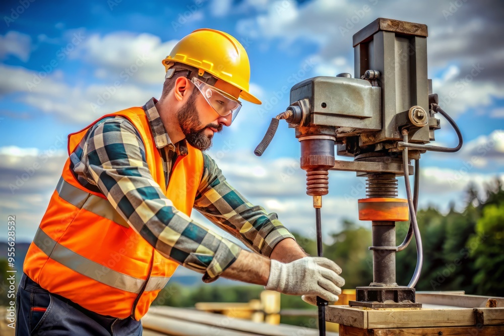 Safety Equipment Protects A Worker In A Hardhat And Reflective Vest Operating A Large Drill Machine Outdoors In Safety Equipment Protects A Worker In A Hardhat And Reflective Vest Operating A Large Drill Machine Outdoors In