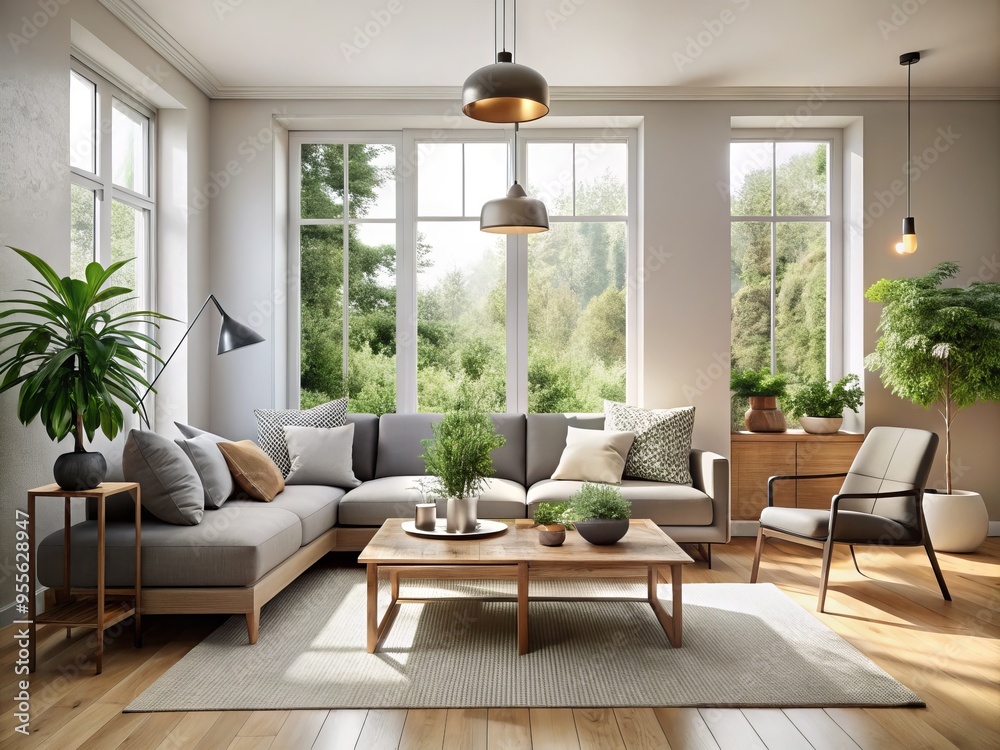 Serene Scandinavian living room with sleek grey sofa, minimalist wooden coffee table, and floor-to-ceiling windows, Serene Scandinavian living room with sleek grey sofa, minimalist wooden coffee table, and floor-to-ceiling windows,