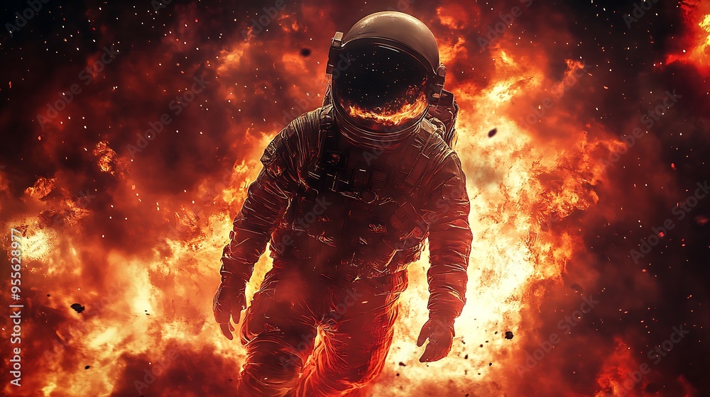Astronaut engulfed in flames against a backdrop of fiery space. Astronaut engulfed in flames against a backdrop of fiery space.