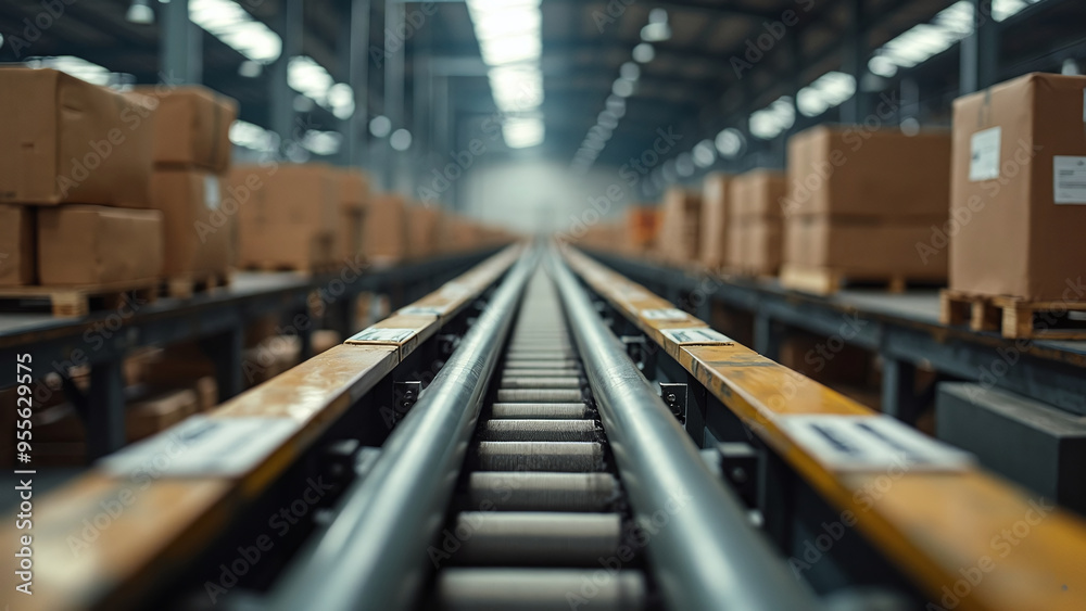 Cardboard Boxes on Conveyor Belt in Warehouse Cardboard Boxes on Conveyor Belt in Warehouse