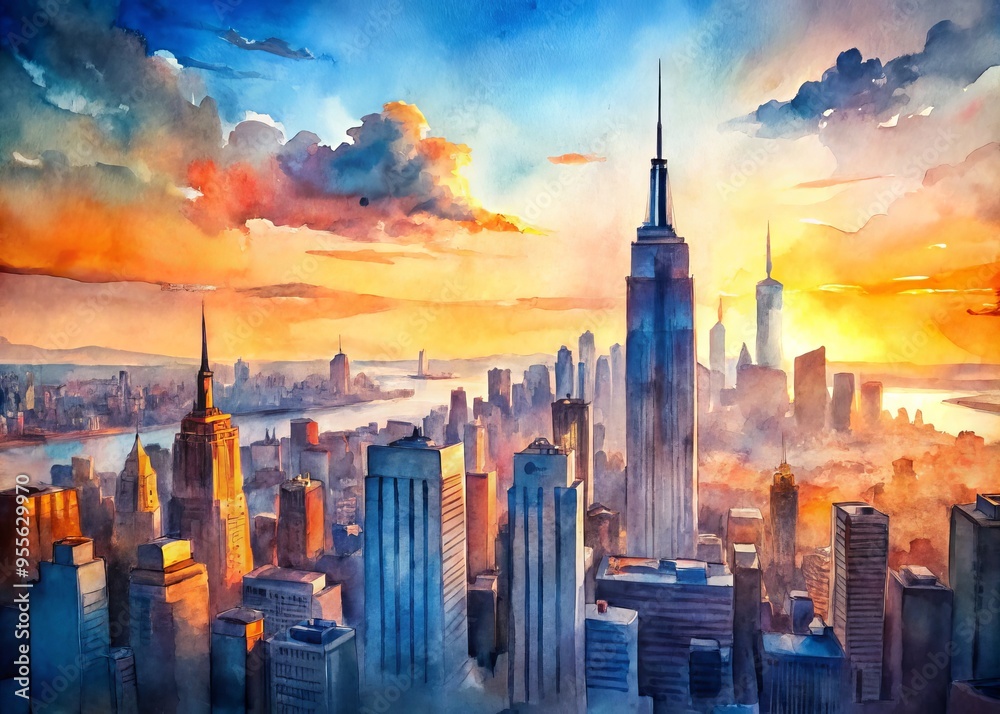Naklejka premium Soft, dreamy watercolor depiction of the iconic New York City skyline at sunset, with vibrant oranges and blues