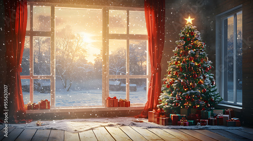 Christmas Day, featuring a joyful morning scene with gifts under the tree, snow outside the window, and a warm family vibes.
